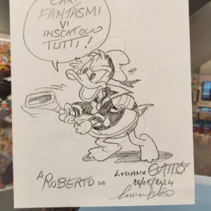 Original Donald Duck Ghostbuster sketch created and signed by master artist Luciano Gatto (05/26/2024) with a personal dedication